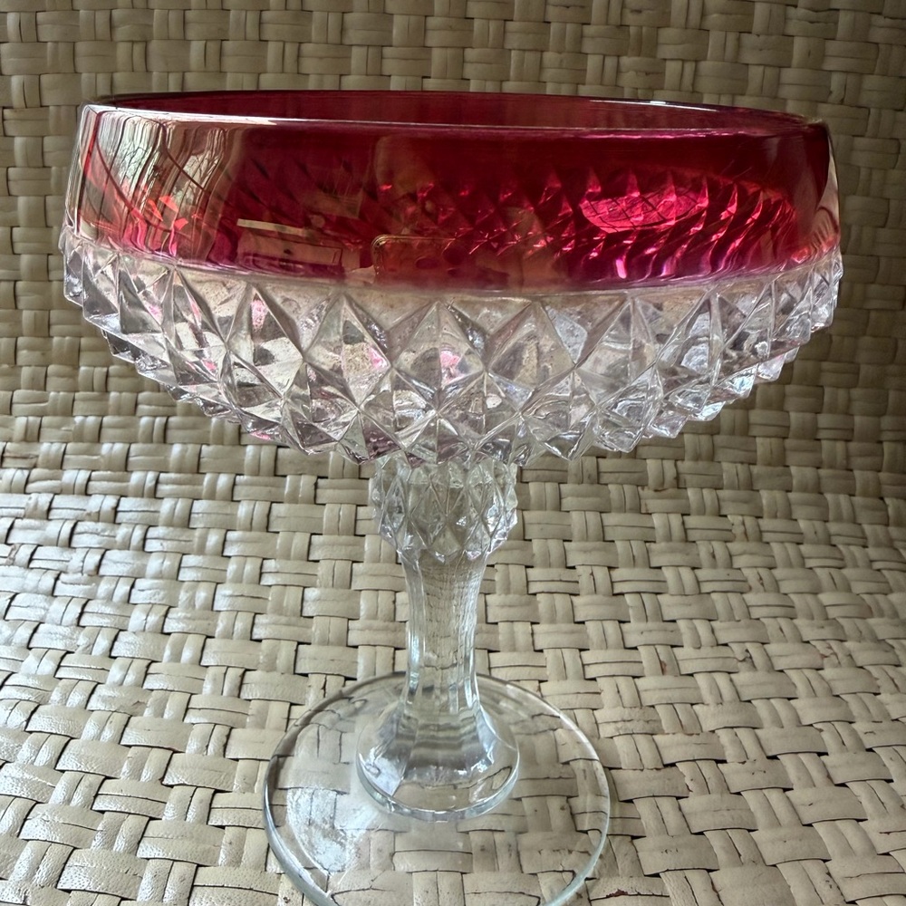 VTG Elegant Pedestal  Glass Candy Dish Indiana Glass Ruby Diamond Point